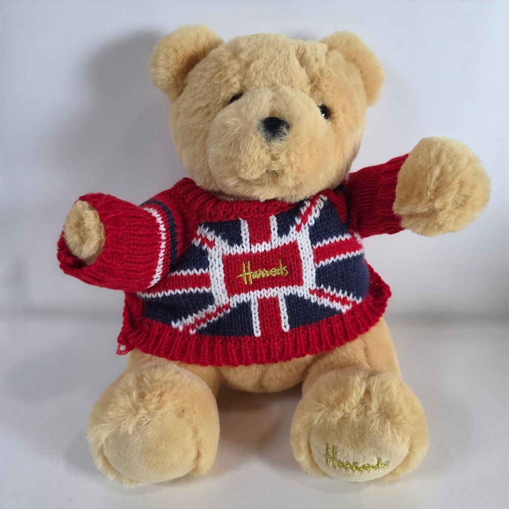 Harrods Knightsbridge Teddy Bear Plush 8" Small London Union Jack Sweater 21cm - Picture 2 of 10